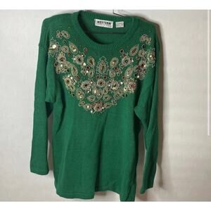 Western Connection Womens Vintage Sweater green size M Sequins Beaded